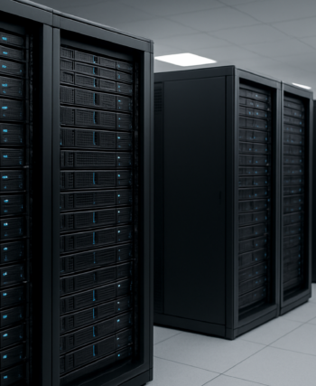A row of black server racks in a modern data center, with blue lights indicating activity