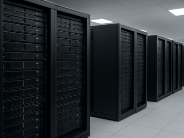 A row of black server racks in a modern data center, with blue lights indicating activity