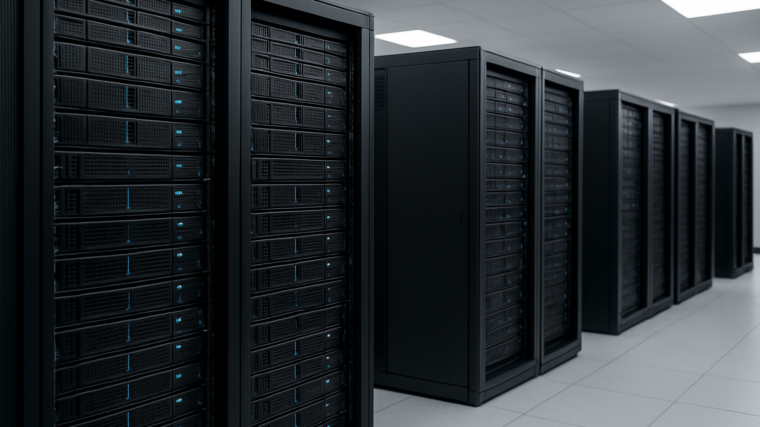 A row of black server racks in a modern data center, with blue lights indicating activity
