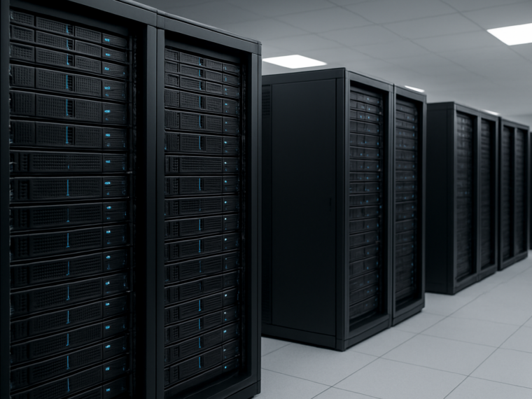 A row of black server racks in a modern data center, with blue lights indicating activity